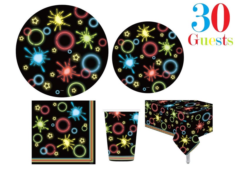 Oojami Neon Glow Party Set for 30 Guests â€“ Includes 9" Plates, 7" Plates, 9 oz Cups, Napkins, 54"x108" Table Cover â€“ Colorful Neon Decor for Birthdays - Image 4
